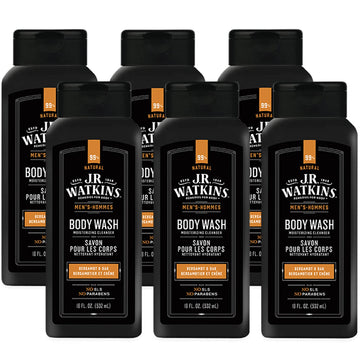 J.R. Watkins Natural Daily Moisturizing Body Wash, Hydrating Shower Gel For Men And Women, Free Of Sls, Usa Made And Cruelty Free, Bergamont Oak, 18 Fl Oz, 6 Pack