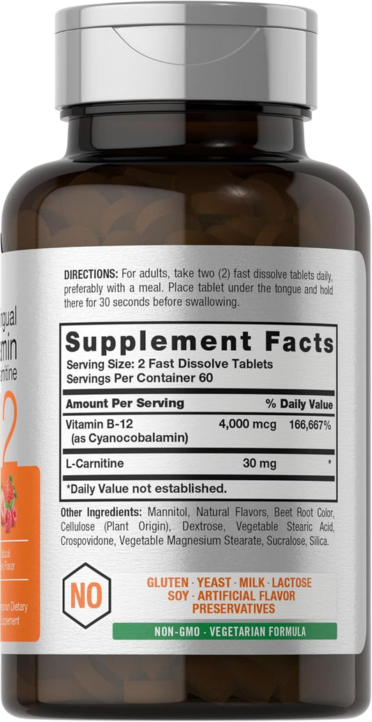 Horbäach B-12 4000mcg + L-Carnitine | 120 Tablets | Vegetarian, Non-GMO & Gluten Free Sublingual Vitamin