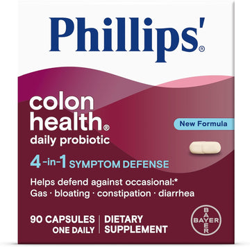 Phillips' Colon Health Daily Probiotic Capsules, 4-In-1 Symptom Defense To Help Defend Against Occasional Gas, Bloating, Constipation, And Diarrhea, Daily Supplement, 90 Count