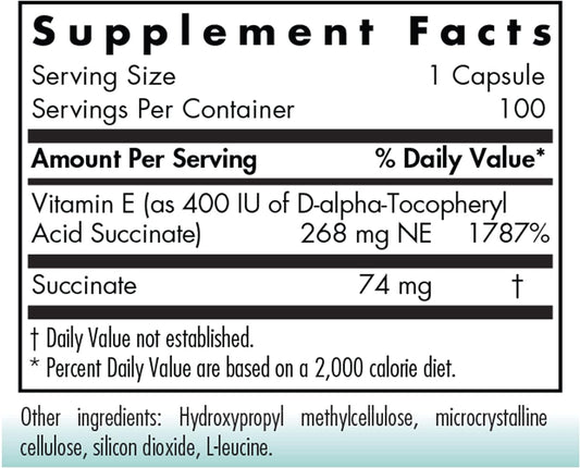 Nutricology Vitamin E Succinate Supplement - for Men & Women, 400 IU D-Alpha-Tocopheryl, Antioxidant, Vegetarian Capsules - 100 Count