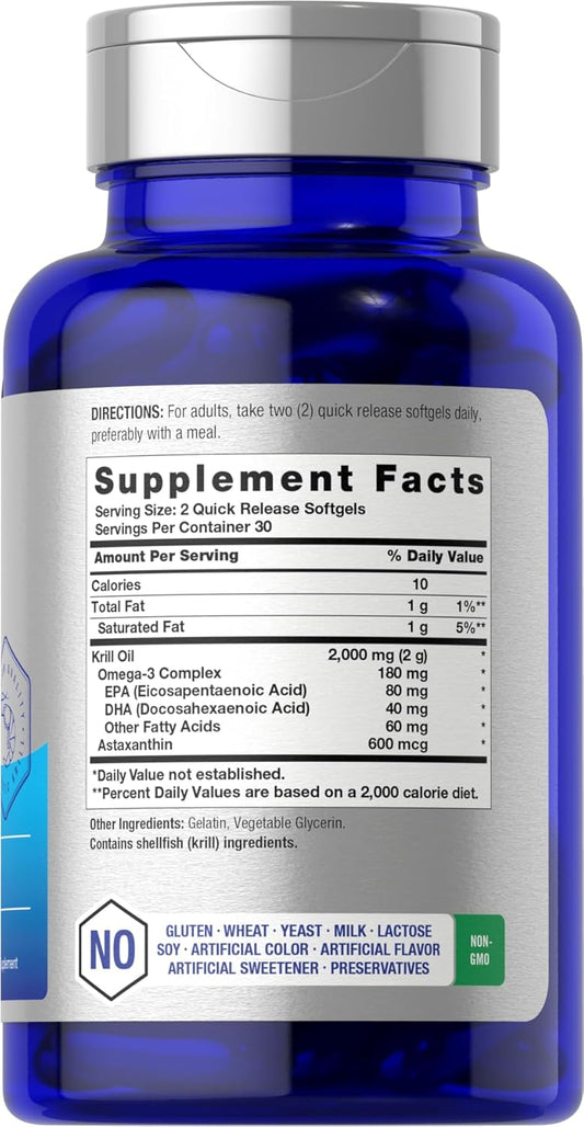 Horbäach Antarctic Krill Oil 2000Mg | 60 Softgel Capsules | Omega-3, Epa, Dha Supplement | With Astaxanthin | Non-Gmo, Gluten Free