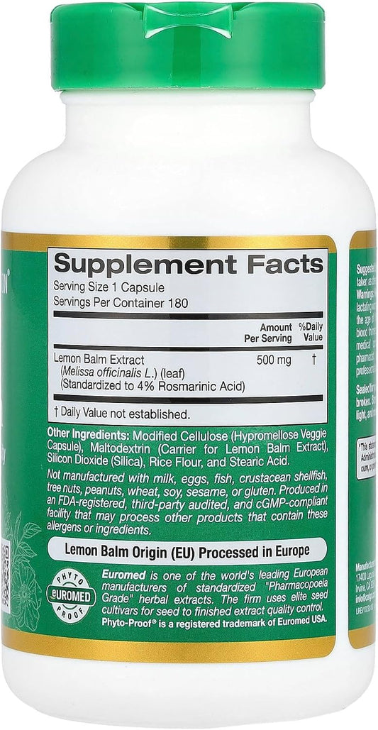 Lemon Balm Extract, Euroherbs, Euromed Quality, 500 Mg, 180 Veggie Capsules