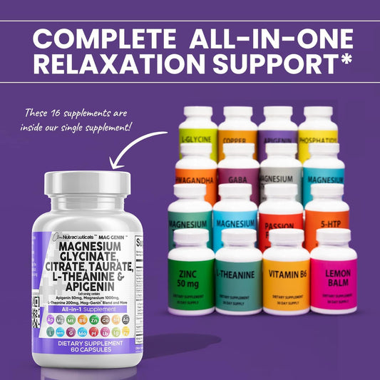 Magnesium Glycinate Complex 1000Mg With L-Theanine 200Mg Apigenin 50Mg Citrate Taurate Supplement - 5-Htp Gaba Passion Flower Lemon Balm L-Glycine Phosphatidylserine Ashwagandha - 60 Count