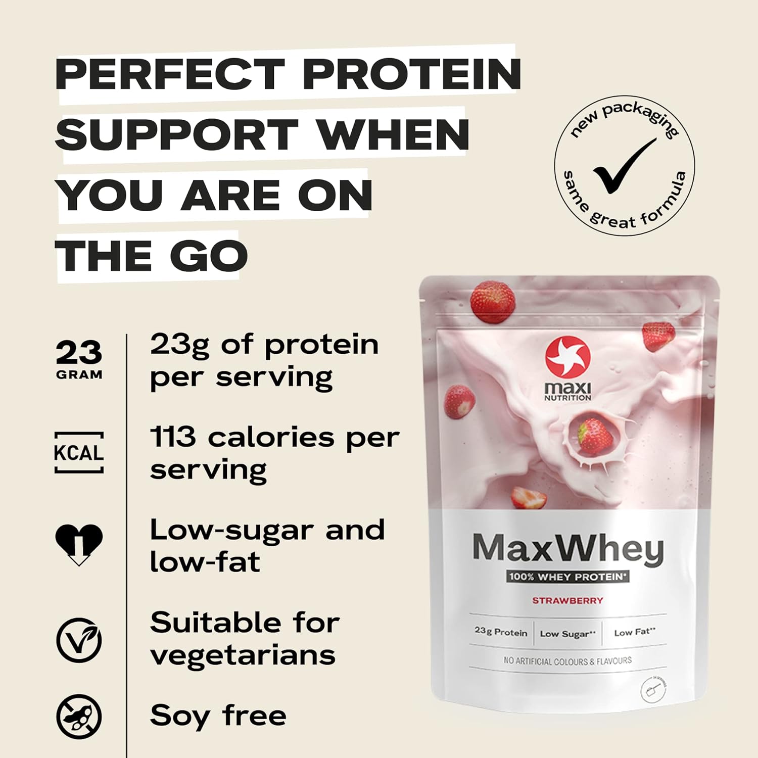 MaxiNutrition - MaxWhey - Whey Protein Powder Strawberry - Low-Fat - Low Sugar - Gluten & Soy-Free - Vegetarian - 420g - 113 kcal per Serving - 14 Servings : Amazon.co.uk: Health & Personal Care