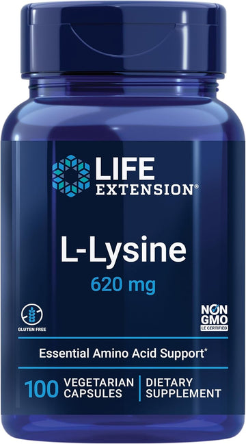 Life Extension L-Lysine 620 Mg - For Healthy Nitrogen Balance, Stress Response & Calcuim Metabolism – For Active Lifestyle - Gluten-Free, Non-Gmo - 100 Vegetarian Capsules