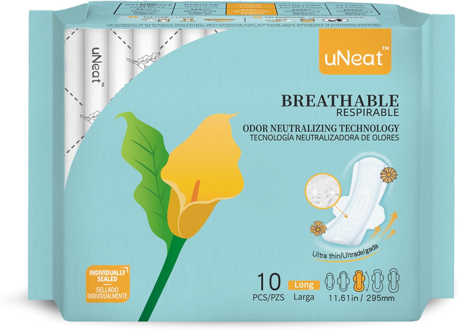 uNeat Ultra Thin Breathable Feminine Pads with Wings for Women, Odor-Neutralizing Tech, Unscented, Heavy Absorbency, Day/Night Pads (Long, 10 Count)