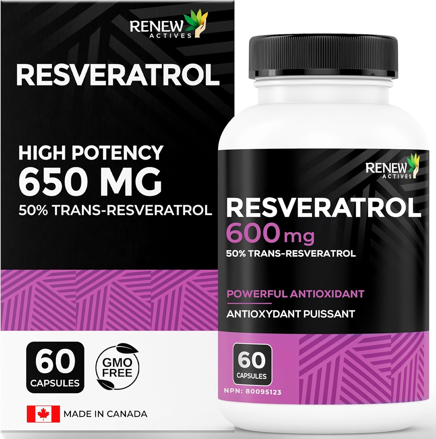 Renew Actives Resveratrol Supplement 600Mg Per Serving - High-Potency Antioxidant Complex With 50% Trans-Resveratrol – Supports Cellular Health & Longevity - Made In Canada – 60 Vegan Capsules