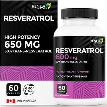 Renew Actives Resveratrol Supplement 600Mg Per Serving - High-Potency Antioxidant Complex With 50% Trans-Resveratrol – Supports Cellular Health & Longevity - Made In Canada – 60 Vegan Capsules