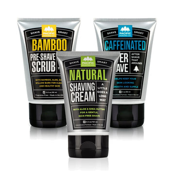 Pacific Shaving Company Daily Shave Regimen Set - Bamboo Pre-Shave Scrub, 3 Oz (1 Unit) | Natural Shaving Cream, 3.4 Oz (1 Unit) | Caffeinated Aftershave, 3.4 Oz (1 Unit)