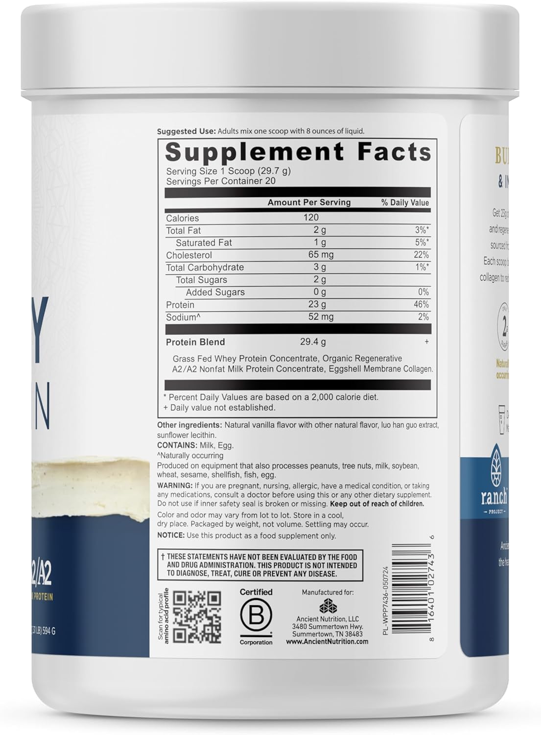 Ancient Nutrition Grass Fed Whey Protein, Vanilla Bean, 23g Protein, 20 Servings, Hydrolyzed Collagen Peptides, Organic Regenerative A2/A2 Milk Protein : Health & Household