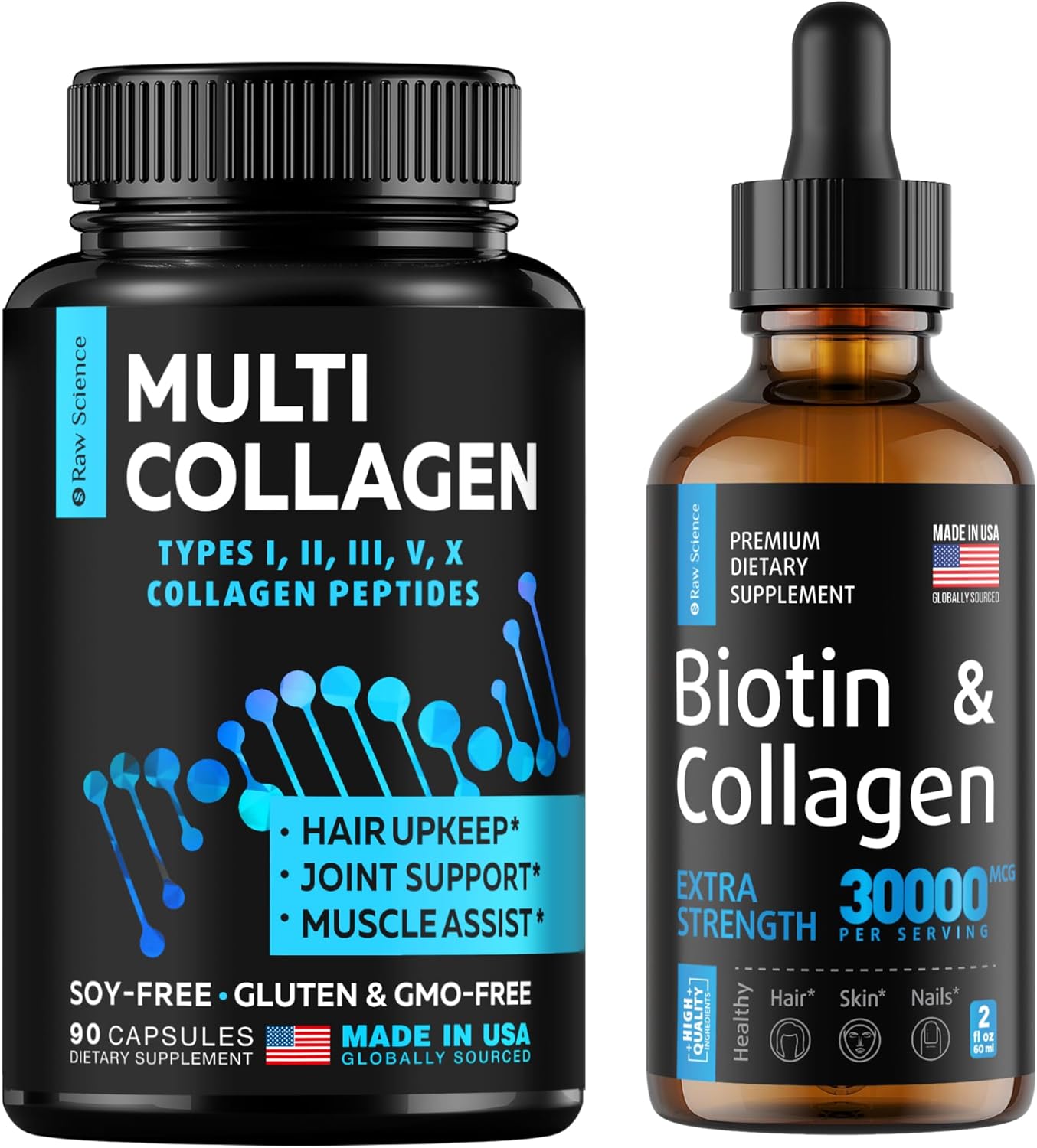 S Raw Science Vitamins For Hair, Skin, And Nails — Biotin & Collagen Drops 30000Mcg 2Oz And Multi Collagen Capsules 150Pcs