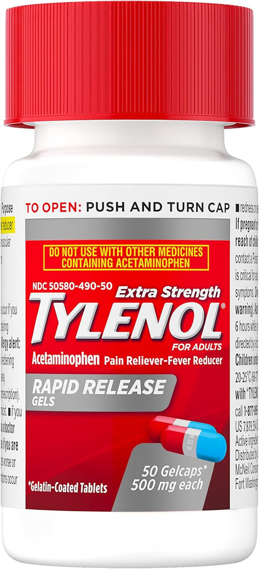 Tylenol Extra Strength Acetaminophen Rapid Release Gels, Extra Strength Pain Reliever & Fever Reducer Medicine, Gelcaps With Laser-Drilled Holes, 500 Mg Acetaminophen, 50 Ct