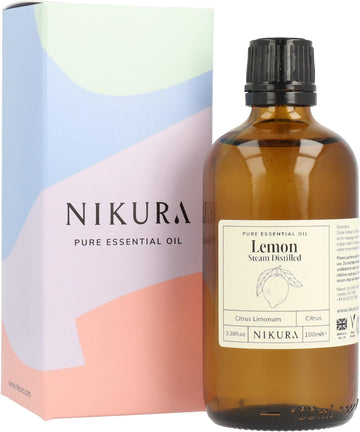 Nikura Lemon (Steam Distilled) Essential Oil - 100ml | 100% Pure Natural Oils | Perfect for Cleaning, Aromatherapy, Diffusers, Humidifier | Great for Mindfullness, Massage, Skin | Vegan & UK Made