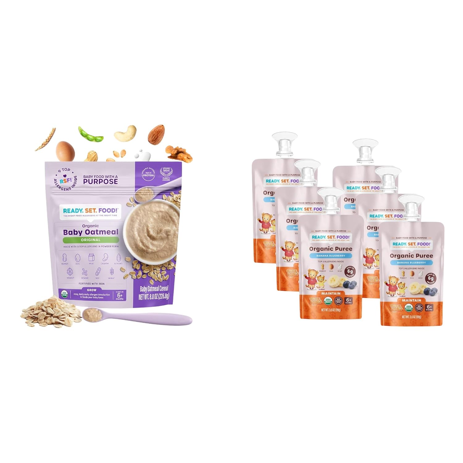 Ready Set Food Organic Baby Oatmeal Cereal With Top 9 Allergens & Organic Puree Pouches Baby Food With Top 3 Allergens