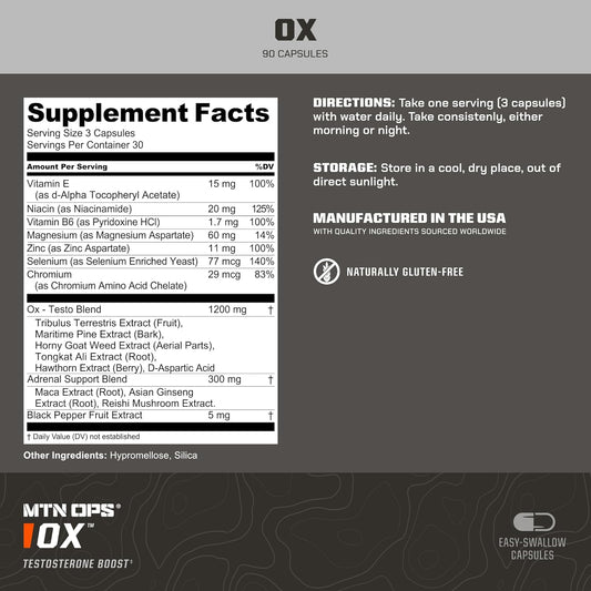 Mtn Ops Ox Testosterone Booster, Testosterone Supplement For Men Blend With Tribulus Terrestris & Adrenal Support Blend With Maca Root Capsules, 30 Servings