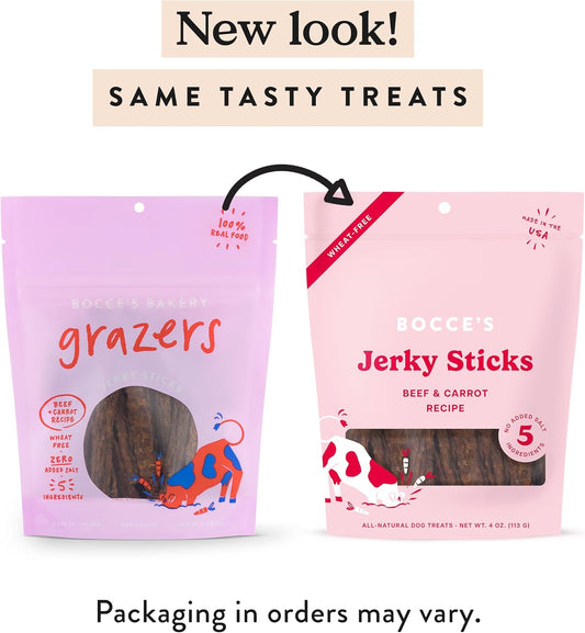 Bocce'S Bakery Jerky Stick Dog Treats, Wheat-Free, Made With Limited-Ingredients, Baked In The Usa With No Added Salt Or Sugar, All-Naural & High-Protein, Beef & Carrot Recipe, 4 Oz