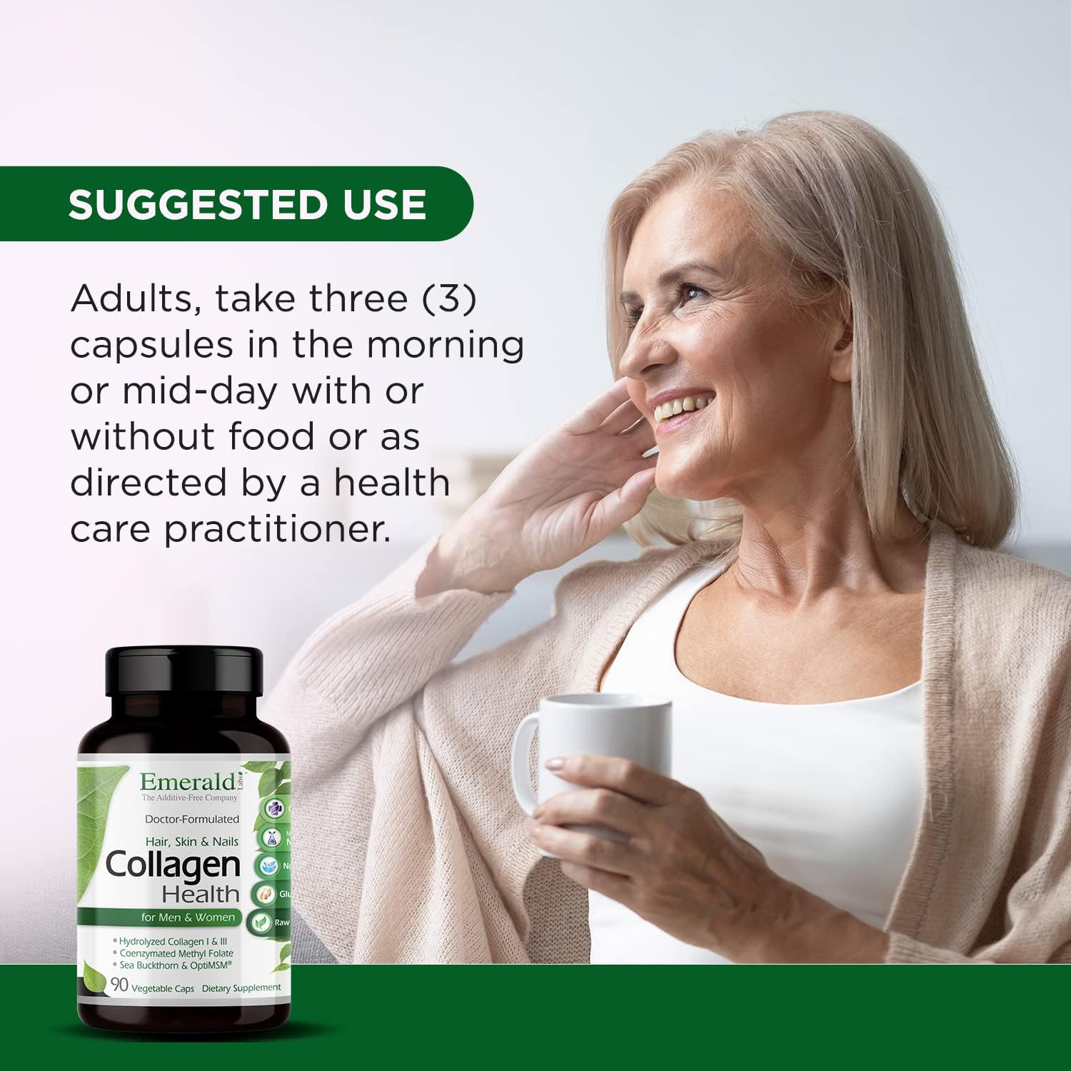 Emerald Labs Collagen Health - Hydrolyzed Collagen For Healthy Hair, Skin & Nails With Saw Palmetto & Beta-Sitosterol - Also Supports Immune & Adrenal Health - 90 Vegetable Capsules (30-Day Supply) : Health & Household