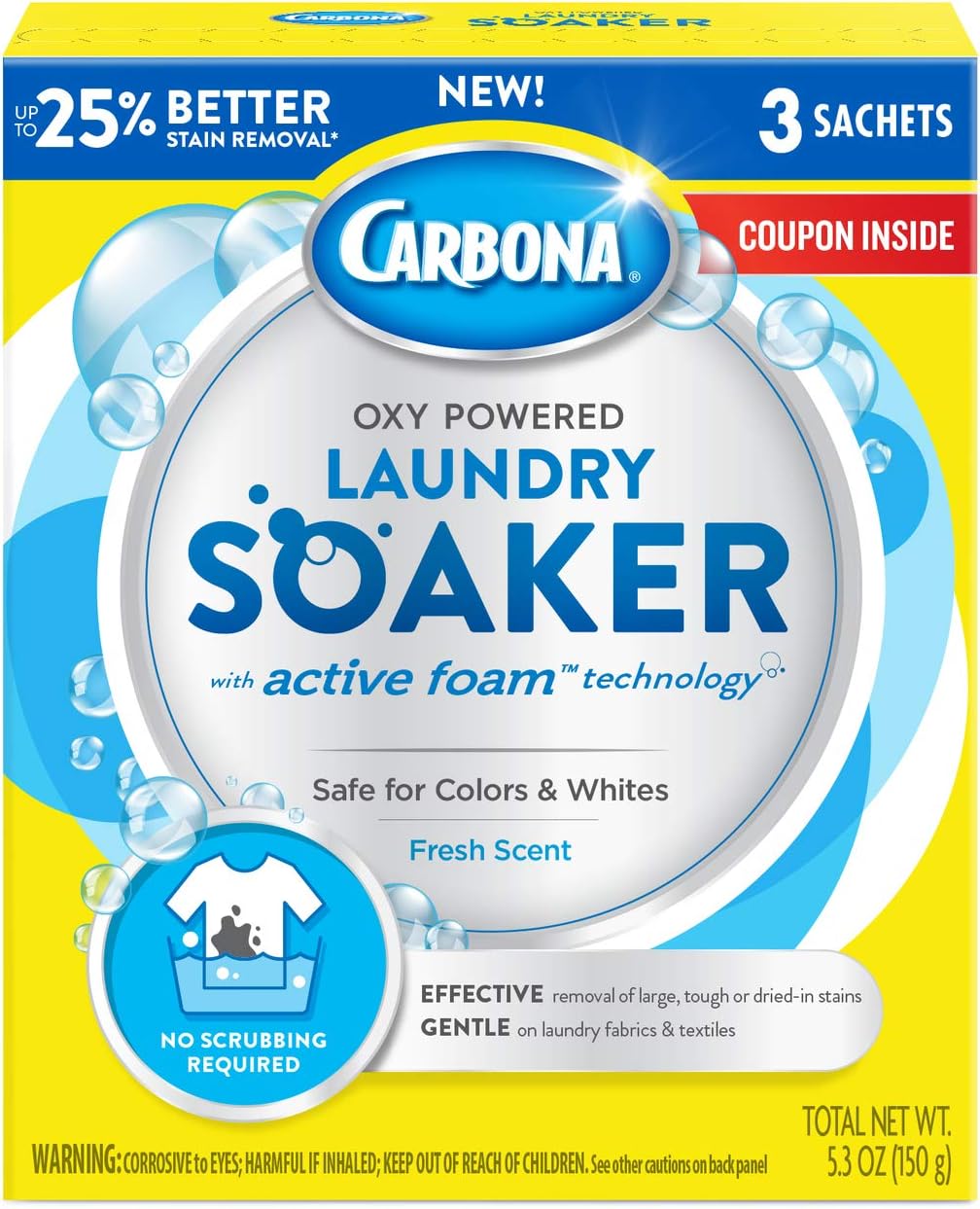 Carbona® Oxy Powered Laundry Soaker with Active Foam Technology | Powerful Stain Remover | Chlorine Bleach Free | Safe on Colors & Whites | 5.3 Oz, 1 Pack : Health & Household