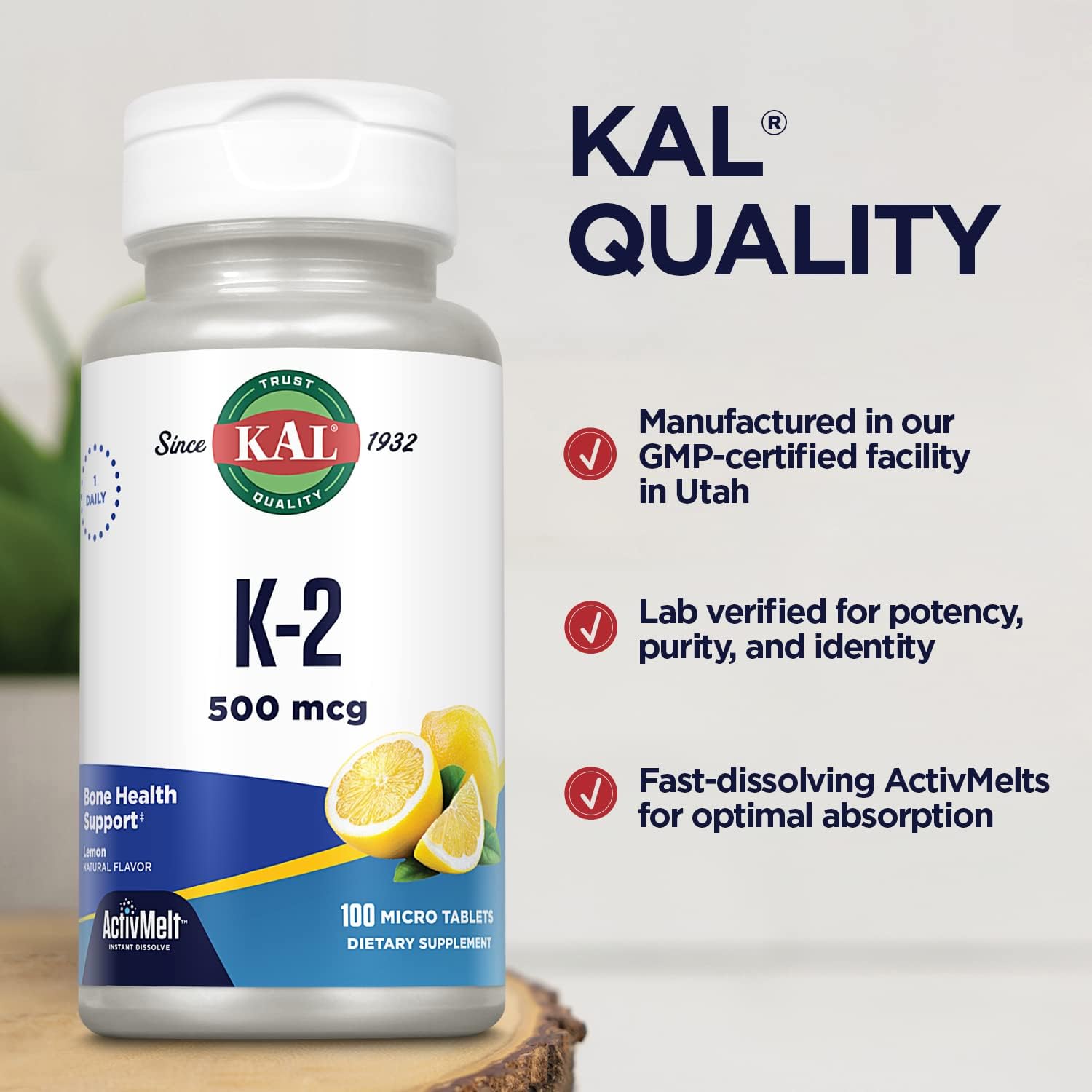 KAL Vitamin K2 500 mcg, Bone, Heart and Artery Health Supplement as Vitamin K2 MK4, Bone Strength and Cardiovascular Function Support, Natural Lemon ActivMelts, Vegetarian, 100 Serv, 100 Micro Tablets : Health & Household