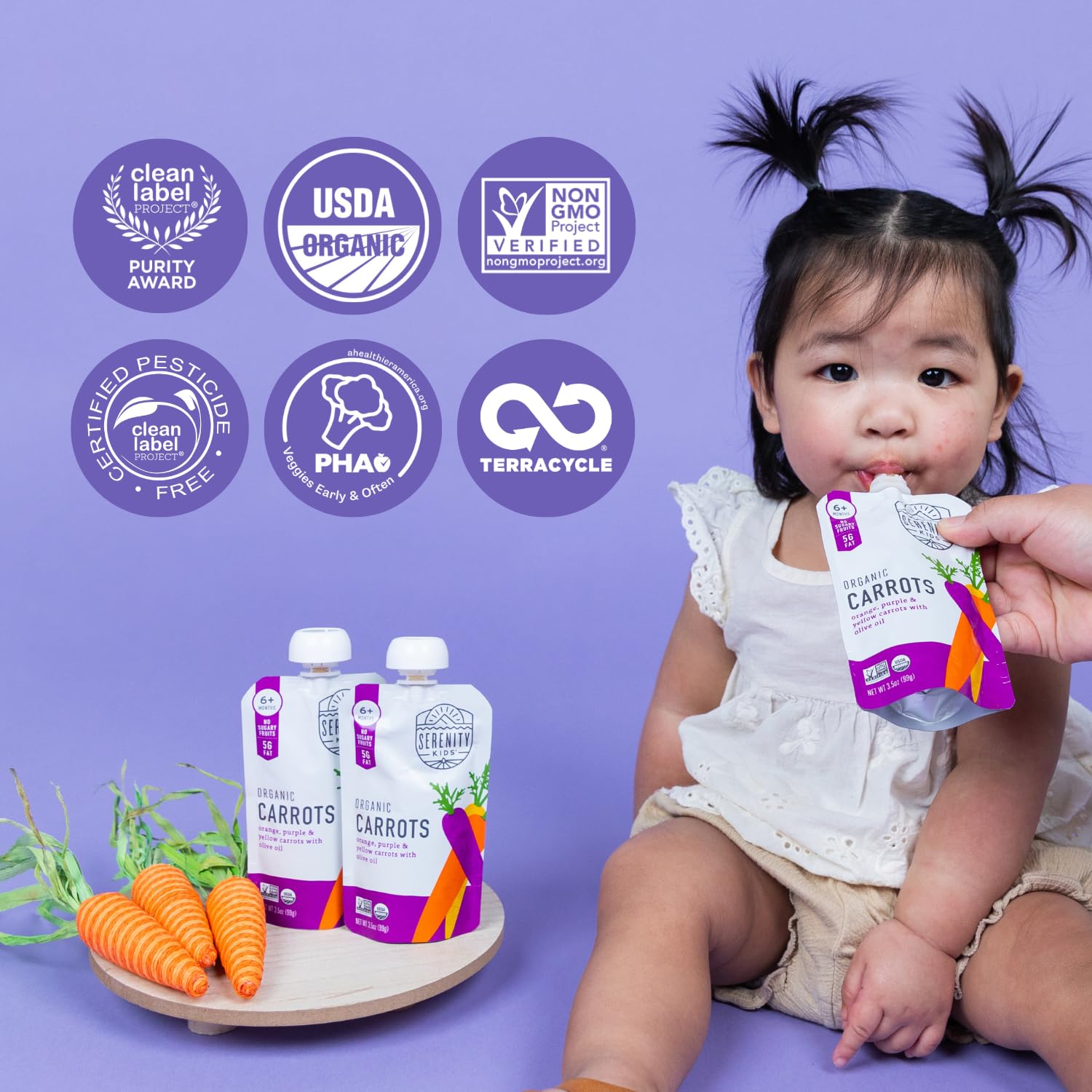 Serenity Kids 6+ Months USDA Organic Veggie Puree Baby Food Pouches | No Sugary Fruits or Added Sugar | Allergen Free | 3.5 Ounce BPA-Free Pouch | Carrots | 1 Count : Baby