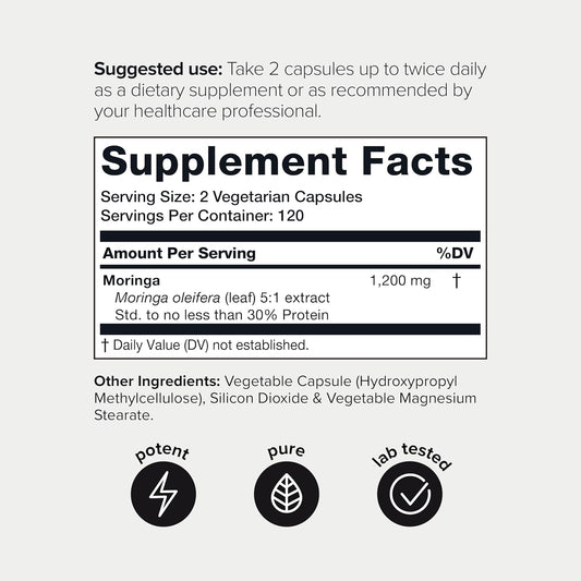 Highly Potent Full Spectrum Indian Moringa Extract - 30% Third-Party Tested Protein - 5:1 Concentrated Moringa Capsules - 5X Leaf Powder Formula - 6000Mg - 240 Veggie Caps