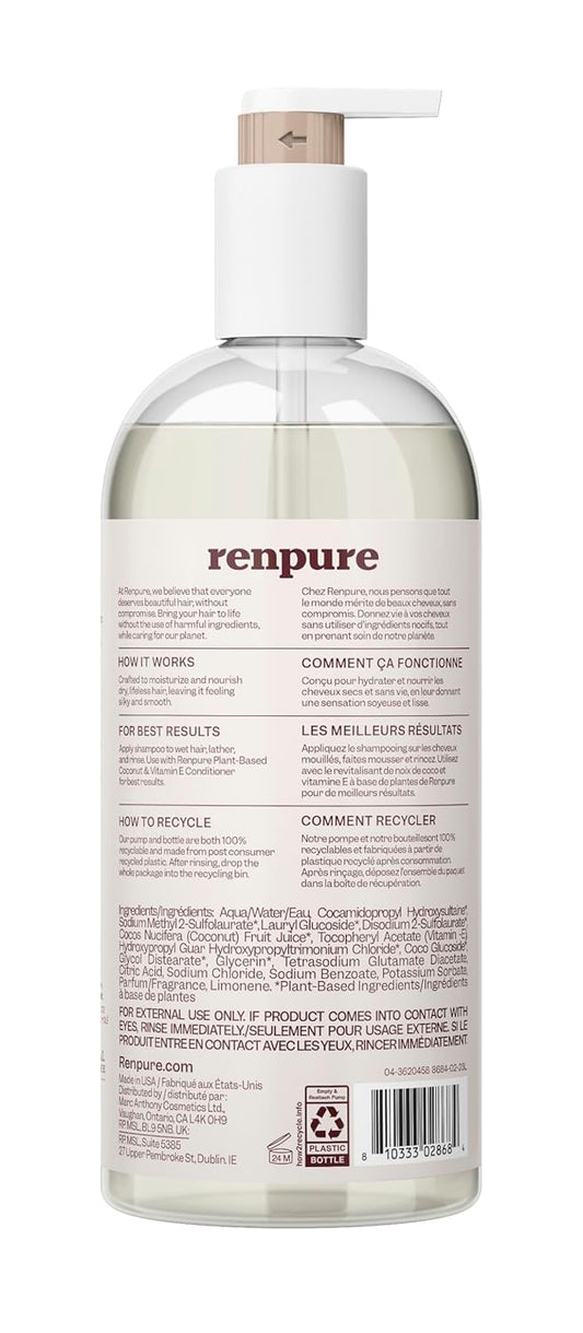 Renpure Plant Based Coconut And Vitamin E Moisturize And Replenish Shampoo - Ideal For Lifeless Hair - Leaves Hair Silky And Smooth - Rids Hair Of Grime - Recyclable, Pump Bottle Design - 24 Fl Oz