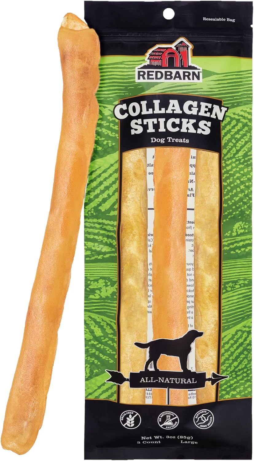 Redbarn All-Natural Large 12” Beef Collagen Sticks For Dogs - Long Lasting Low-Odor Alternative To Traditional Rawhide & Bully Sticks - Supports Healthy Joints, Skin, & Coat - 3 Pack