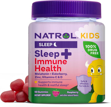 Natrol Kids Sleep+ Immune Health Gummies With Melatonin, Zinc, Vitamin C And D, Elderberry, 50 Raspberry Flavored Melatonin And Immune Health Gummies, 50 Day Supply