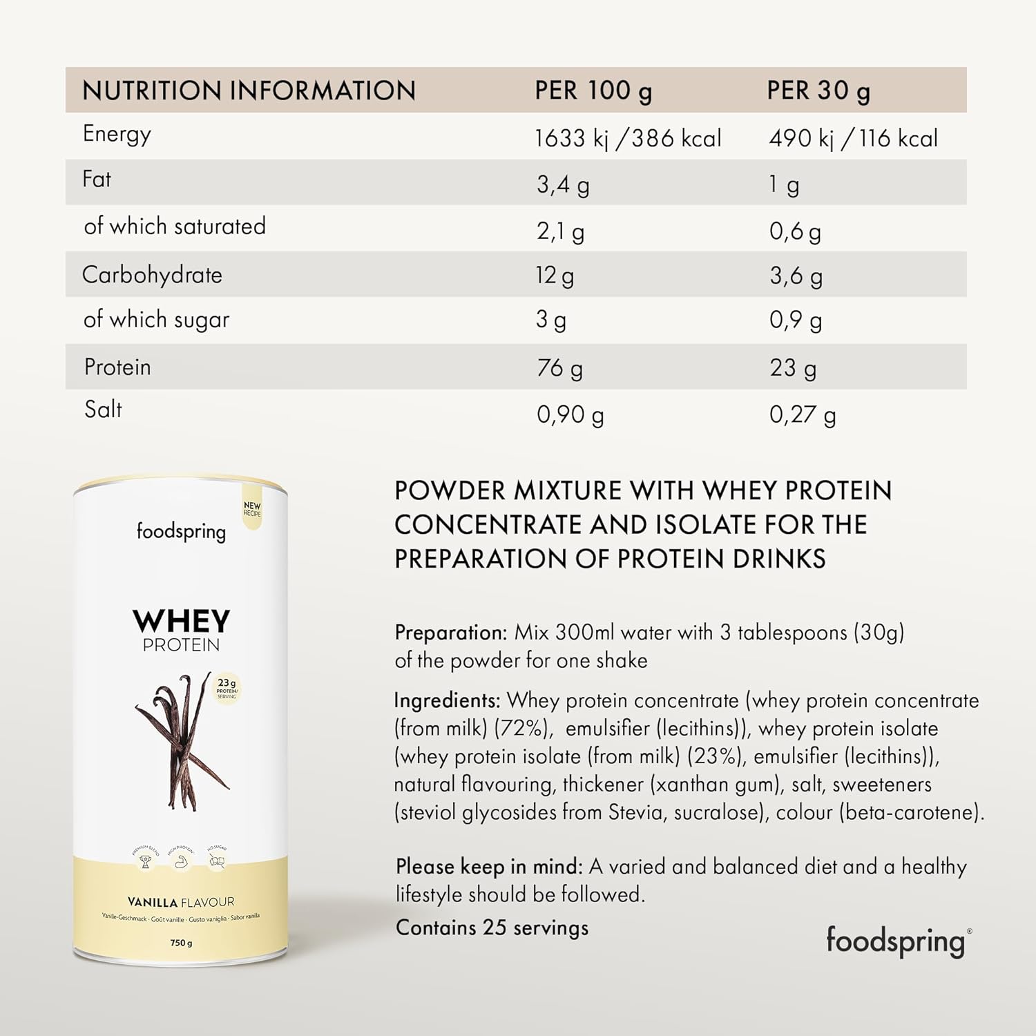 foodspring Whey Protein Powder Vanilla – with 23g Protein for Muscle Building, Perfect Solubility, from Pasture Milk, Rich in BCAAs & EAAs - New Formula (750 g) : Amazon.co.uk: Health & Personal Care