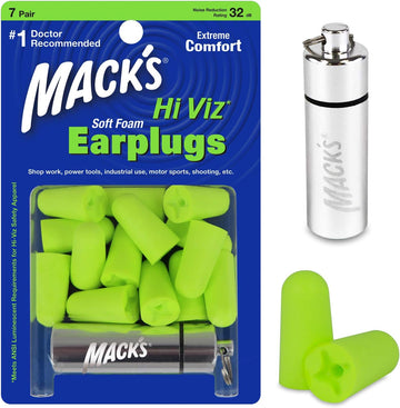 Mack's Hi Viz Soft Foam Earplugs, 7 Pair with Travel Case - Most Visible Color, Easy Compliance Checks, 32dB High NRR - Comfortable, Safe Ear Plugs for Shop Work, Industrial Use and Motor Sports