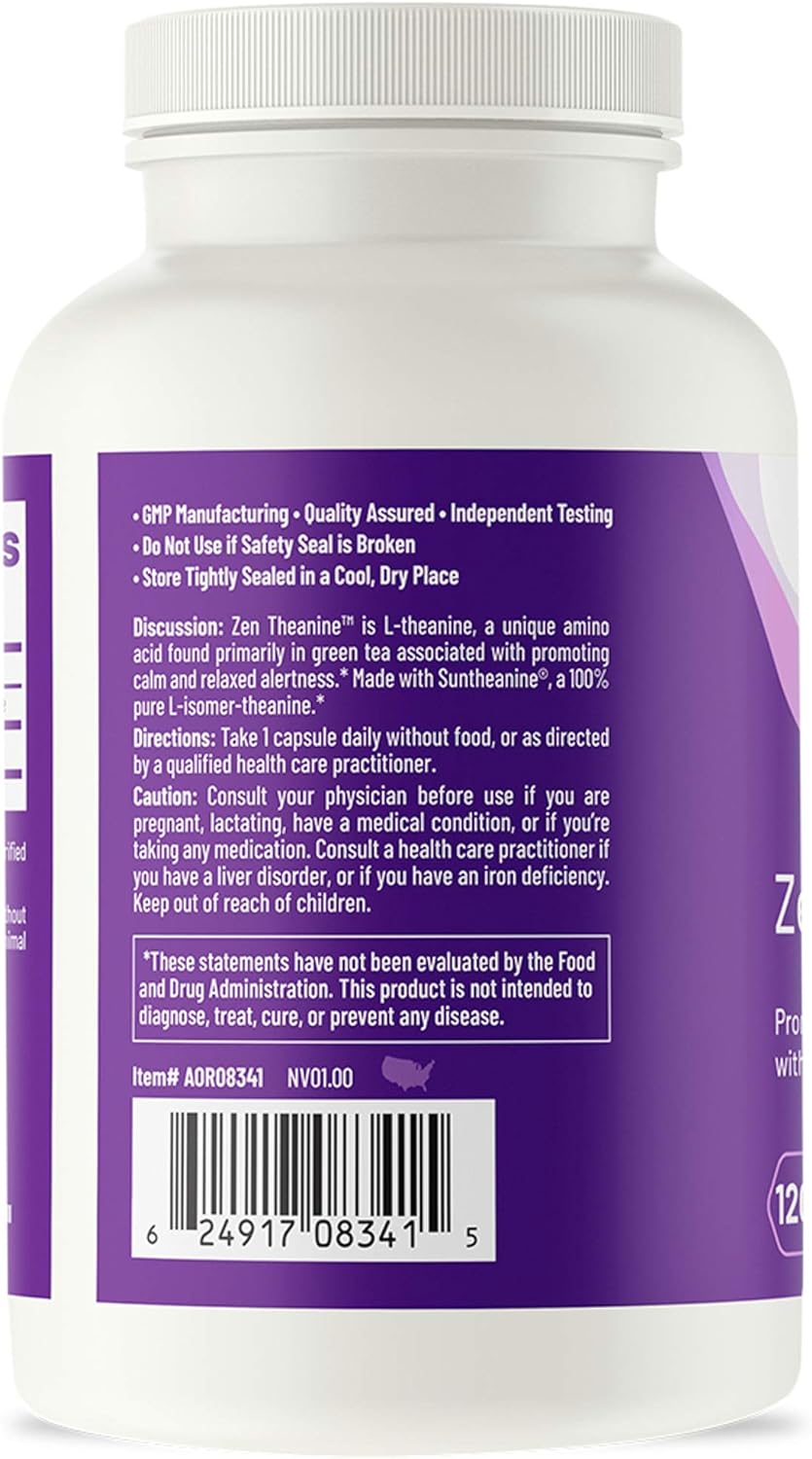 AOR, Zen Theanine, Natural Supplement to Promote Relaxation, Fast-Acting Non-drowsy Formula, Vegan, 120 Capsules (120 Servings) : Health & Household