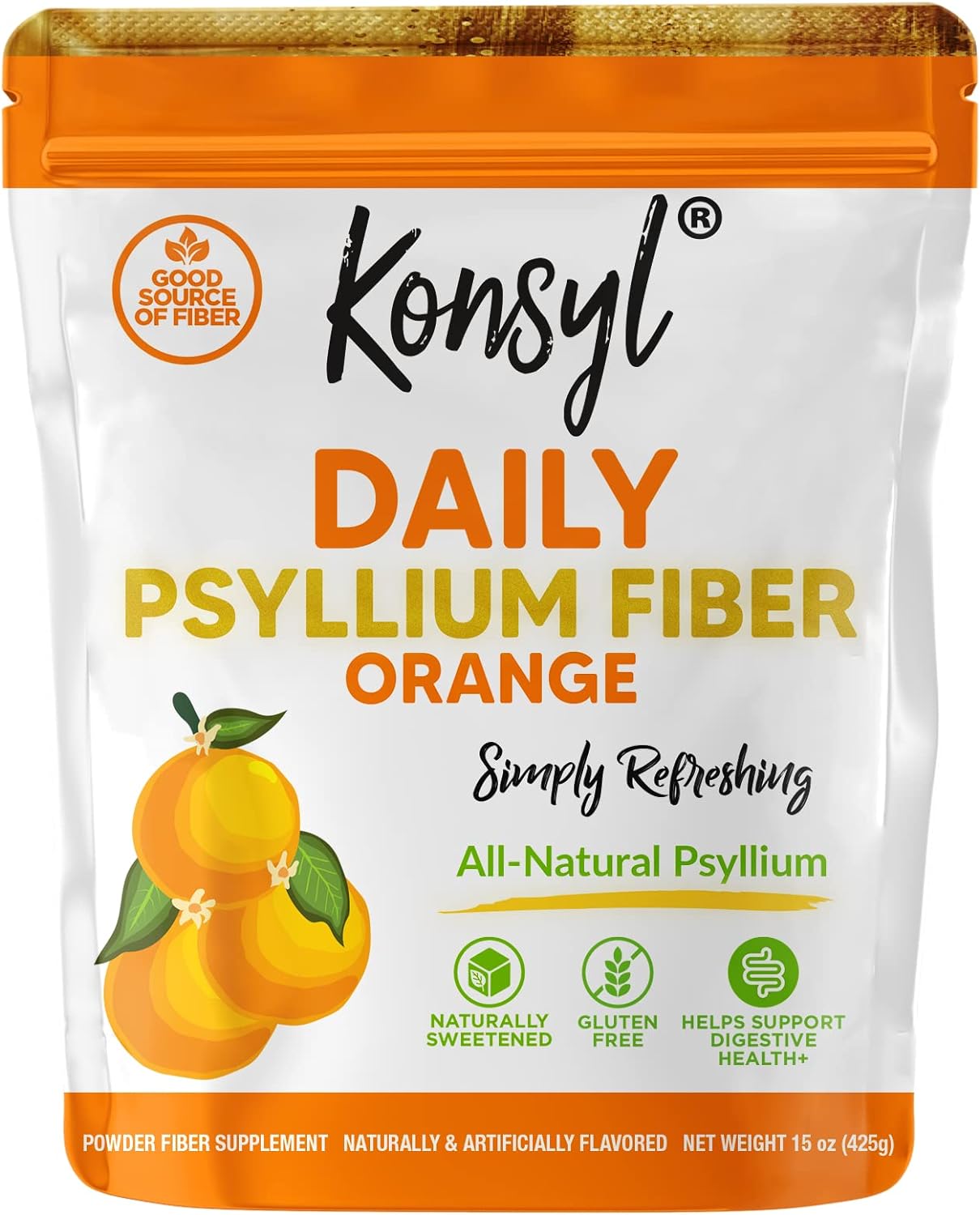 Konsyl Daily Psyllium Fiber -Orange Flavor- 100% Natural Psyllium Husk Powder - Gluten Free - 11.4oz / 324g