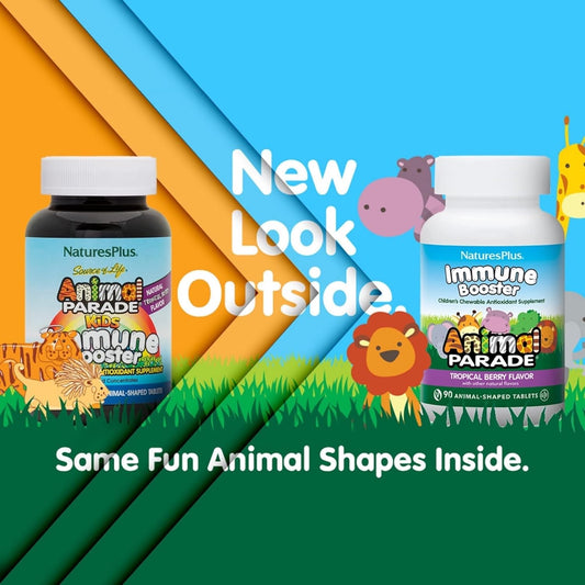 Natures Plus Animal Parade Immune Booster - Tropical Berry Flavor - 90 Animal-Shaped Chewable Tablets - Provides Immune System Support - Gluten Free, Vegan - 45 Servings