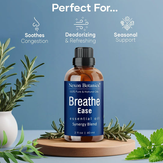 Breathe Essential Oil Blend 60 Ml - Breath Ease Sinus Relief With Menthol Oils - For Humidifiers, Diffusers, And Aromatherapy - Nexon Botanics