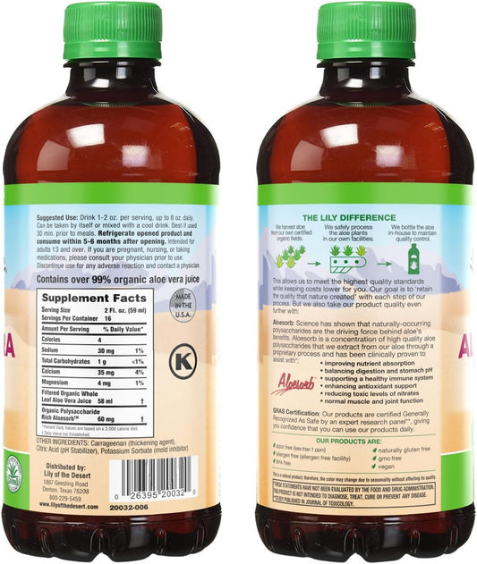 Lily Of The Desert Aloe Vera Gel, Preservative Free - Whole Leaf Filtered Thicker Consistency Aloe Vera Drink with Natural Vitamins, Digestive Enzymes for Gut Health, Wellness, Glowing Skin, 32 Fl Oz