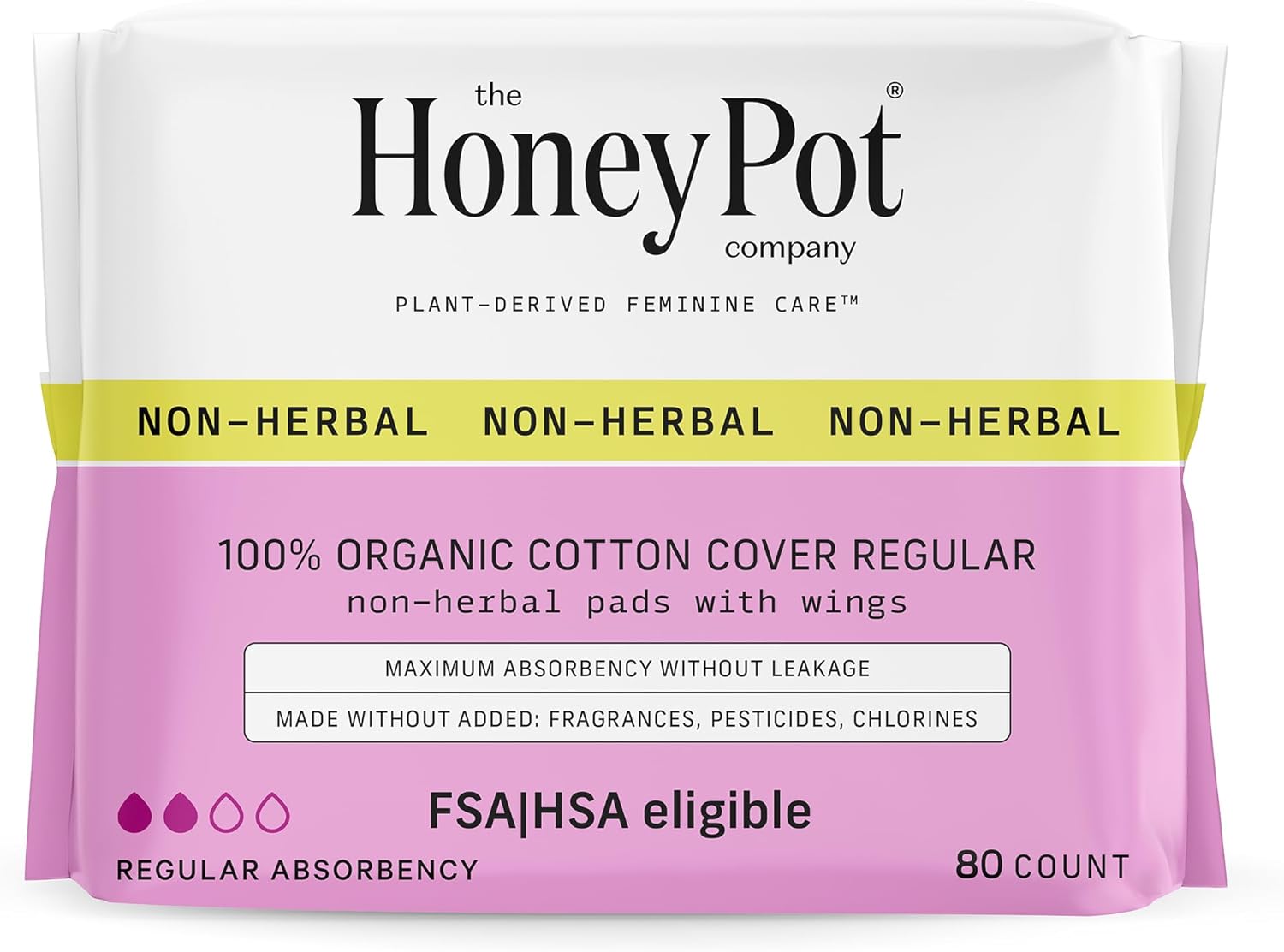 The Honey Pot Company - 80 Ct - Pads For Women - Non-Herbal Regular Flow W/Wings - Organic Cotton Cover & Ultra-Absorbent Pulp Core - Sanitary Pads For Women - Feminine Care - Fsa & Hsa Eligible