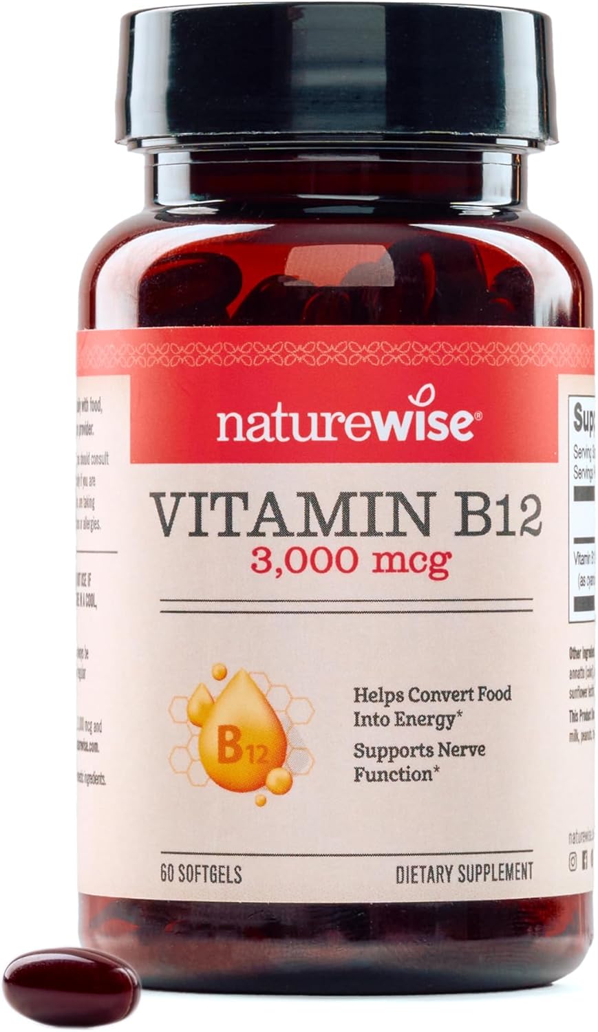 Naturewise Vitamin B12 3000 Mcg - Extra Strength - Supplement For Supporting Energy Levels, Mental Clarity, Nervous System Health - Easy-To-Swallow, Soy And Gluten-Free, Non-Gmo - 60 Softgels
