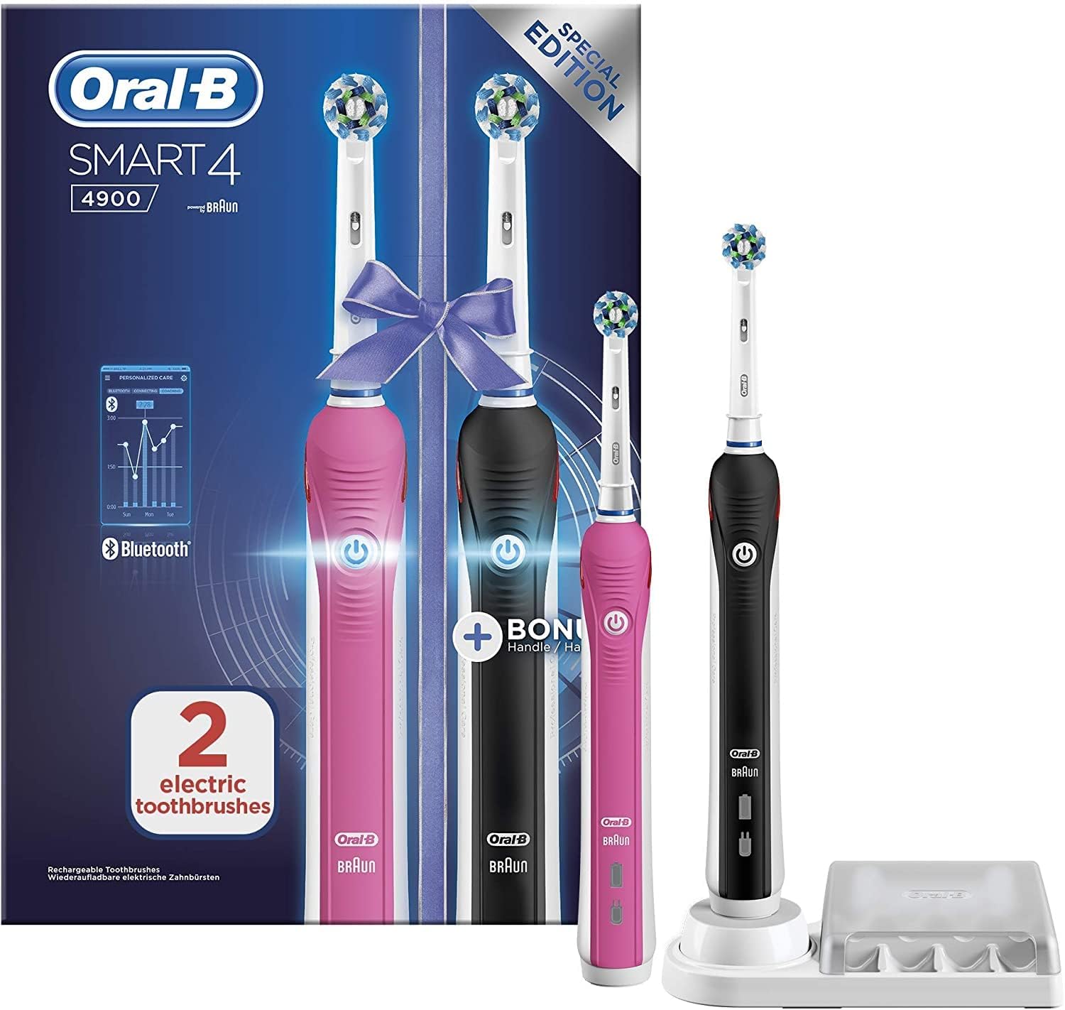 Oral-B Smart 4 3D White Electric Toothbrushes For Adults, Mothers Day Gifts For Her / Him, App Connected Handle, 2 Toothbrush Heads & Travel Case, 3 Modes, Teeth Whitening, 2 Pin Uk Plug, Pink