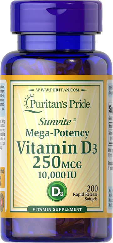 Puritan's Pride Vitamin D3 250 mcg (10,000 IU)-200 Softgels, White