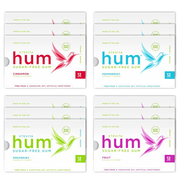 Stevita Hum, Variety Pack - 12 Packets Of Sugar-Free Gum - Includes Three Of Each Flavor: Peppermint, Cinnamon, Fruit & Spearmint - Non-Gmo, Vegetarian, Keto, Gluten Free