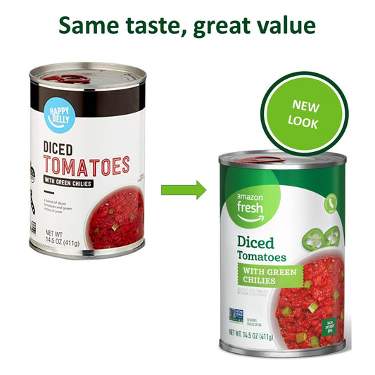 Amazon Fresh, Diced Canned Tomatoes With Green Chilies, 14.5 Oz (Previously Happy Belly, Packaging May Vary)