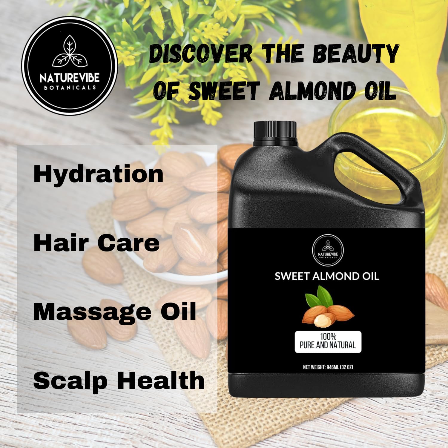 Sweet Almond Oil 32 Ounces by Naturevibe Botanicals | 100% Pure and Natural | Great for Skin and Hair | Body Oil | Cold-Pressed Almond Oil (946 ml) : Health & Household