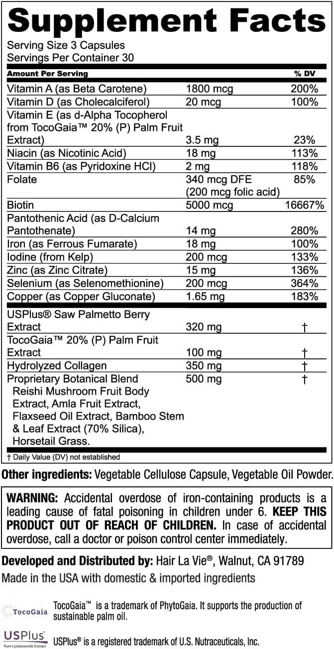 Hair La Vie Clinical Formula Hair Vitamins Capsule with Biotin and Saw Palmetto - Healthy Hair and Whole-Body Wellness (2-Pack) : Beauty & Personal Care