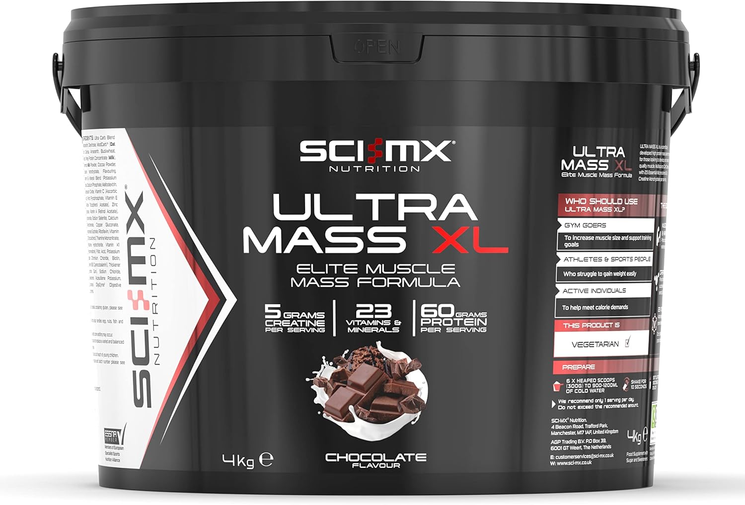 Sci-Mx Ultra Mass Xl Super-Premium Hardcore Mass & Weight Gaining Formula With A Full Spectrum Of Bcaa, Vitamins And Minerals 4Kg - Strawberry Flavour - 13 Servings