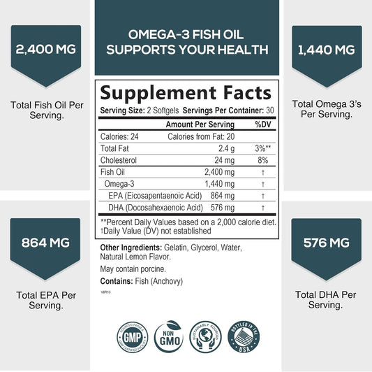 Fish Oil 2400 mg with Omega 3 EPA & DHA - Triple Strength Omega 3 Supp