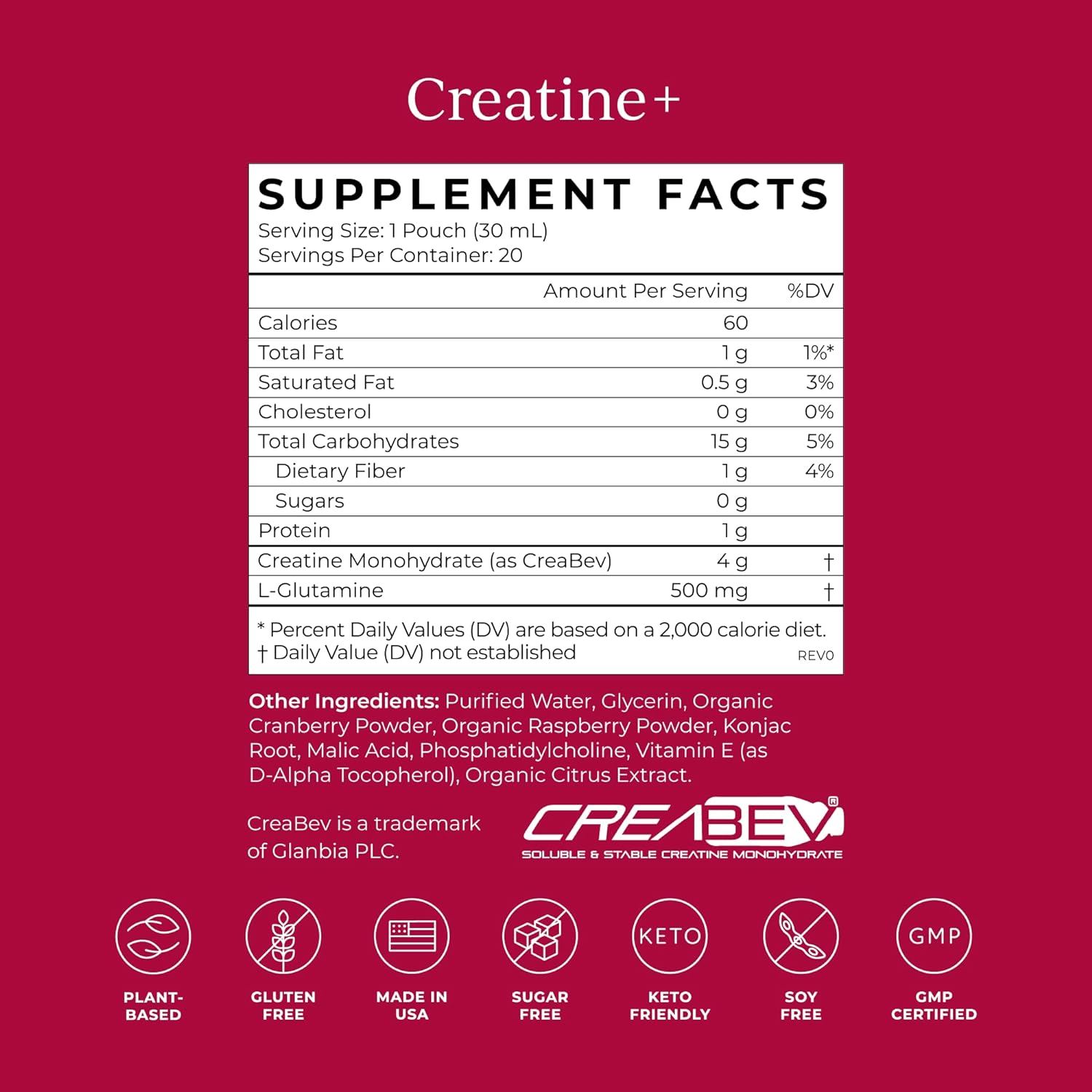 CYMBIOTIKA Creatine+, Creatine and Glutamine Supplement for Amino Energy, Recovery, Muscle Mass & Brain Support, Liposomal Delivery, Gluten Free & Vegan, Raspberry Flavor - 30ml Pouches (Pack of 20) : Health & Household