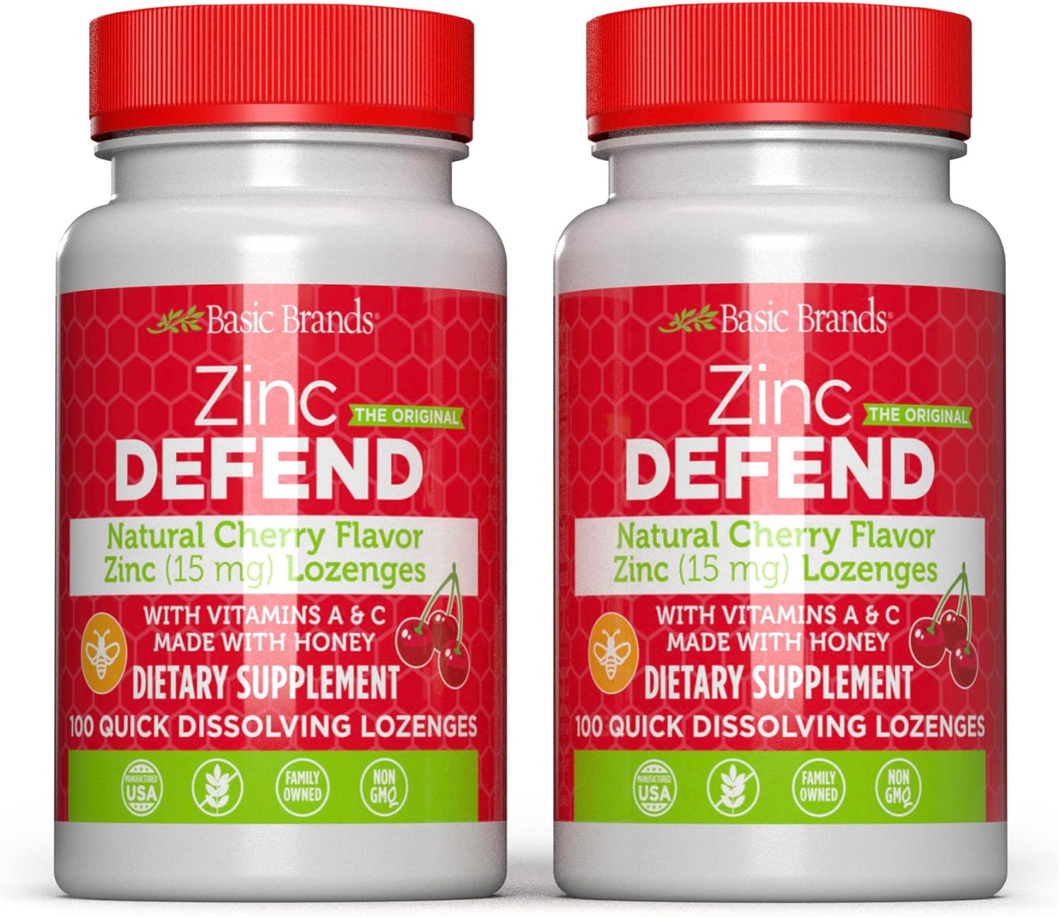 Basic Brands ? Zinc Cherry Defend - 100 Lozenges - Natural Cherry Flavor Zinc?Lozenges - Immune Boost, Cold Relief, Non-Gmo, Zinc Acetate & Vitamin C - 2-Pack
