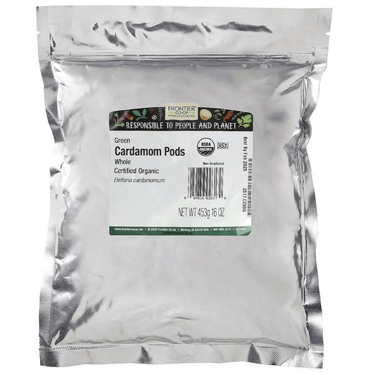 Frontier Co-Op Organic Whole Cardamom Pods, 1-Pound, Sweet, Warm Taste, Exotic Floral Aroma, Certified Organic & Kosher