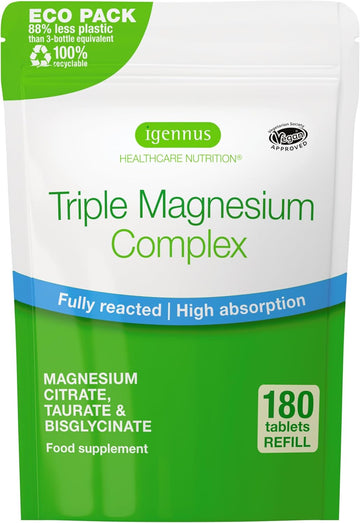 Advanced Triple Magnesium Complex, Taurate, Glycinate & Citrate, High Bioavailability & Absorption, Calming, 180 Tablets, Vegan, Non-Buffered, Pure & Oxide-Free, By Igennus