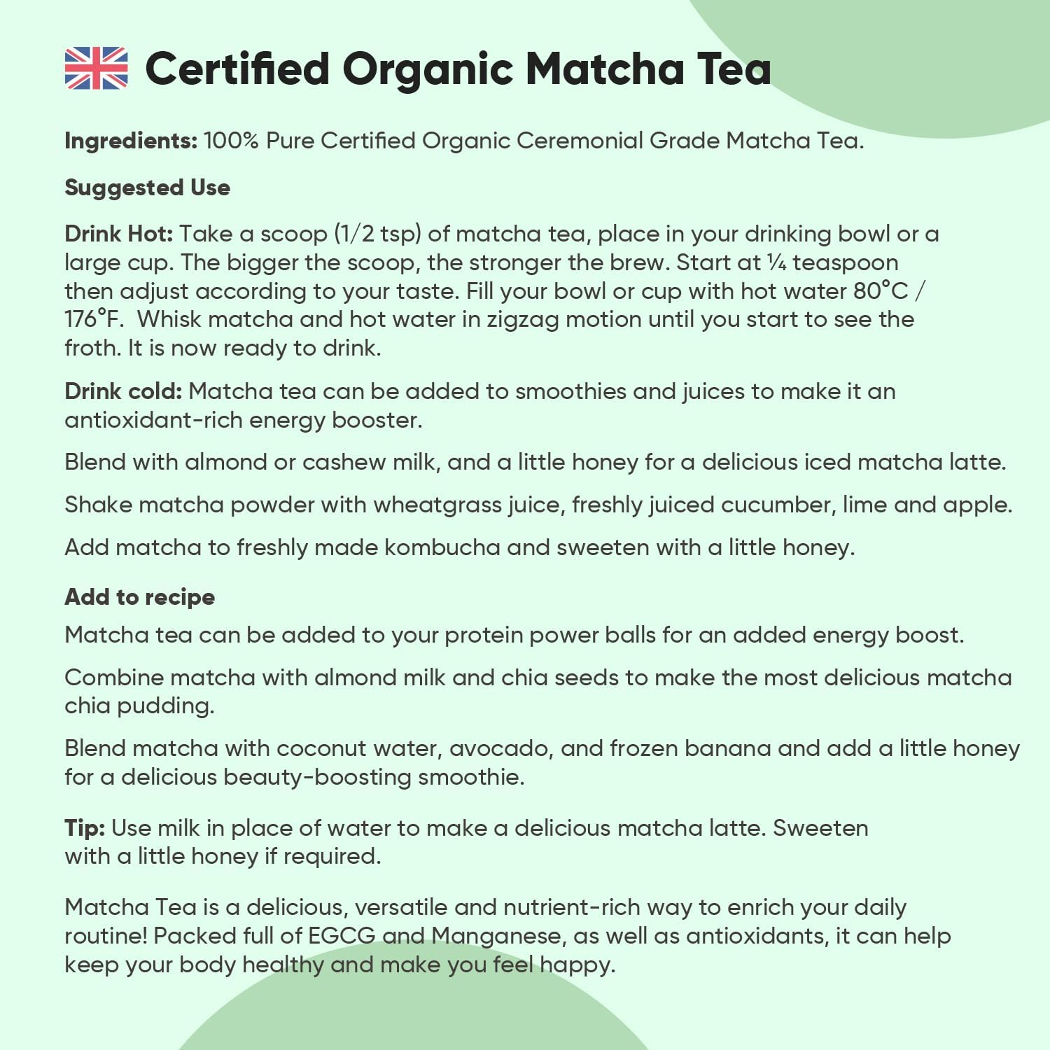 Ceremonial Grade Matcha Green Tea Powder | 100g Organic Matcha Powder | Soil Association Certified | No Fillers & Pesticides | Vegan-Friendly : Amazon.co.uk: Grocery